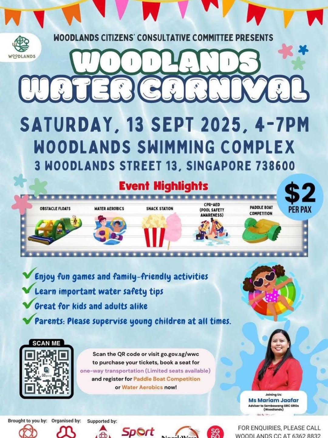 A vibrant outdoor water carnival scene with people enjoying various water activities.