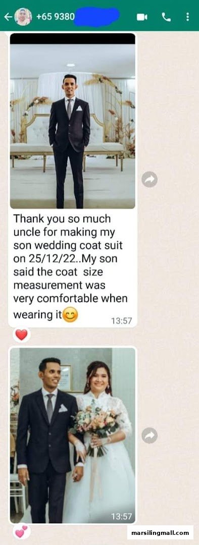Customer testimonial and photos showcasing a comfortable wedding suit from 88 Creation.