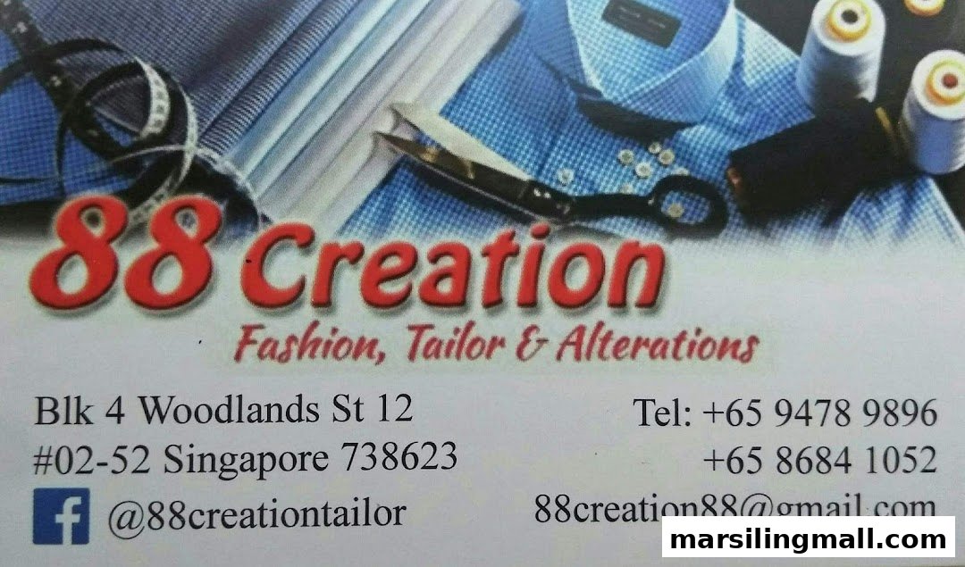 A business card for 88 Creation, offering fashion, tailoring, and alteration services with contact details.