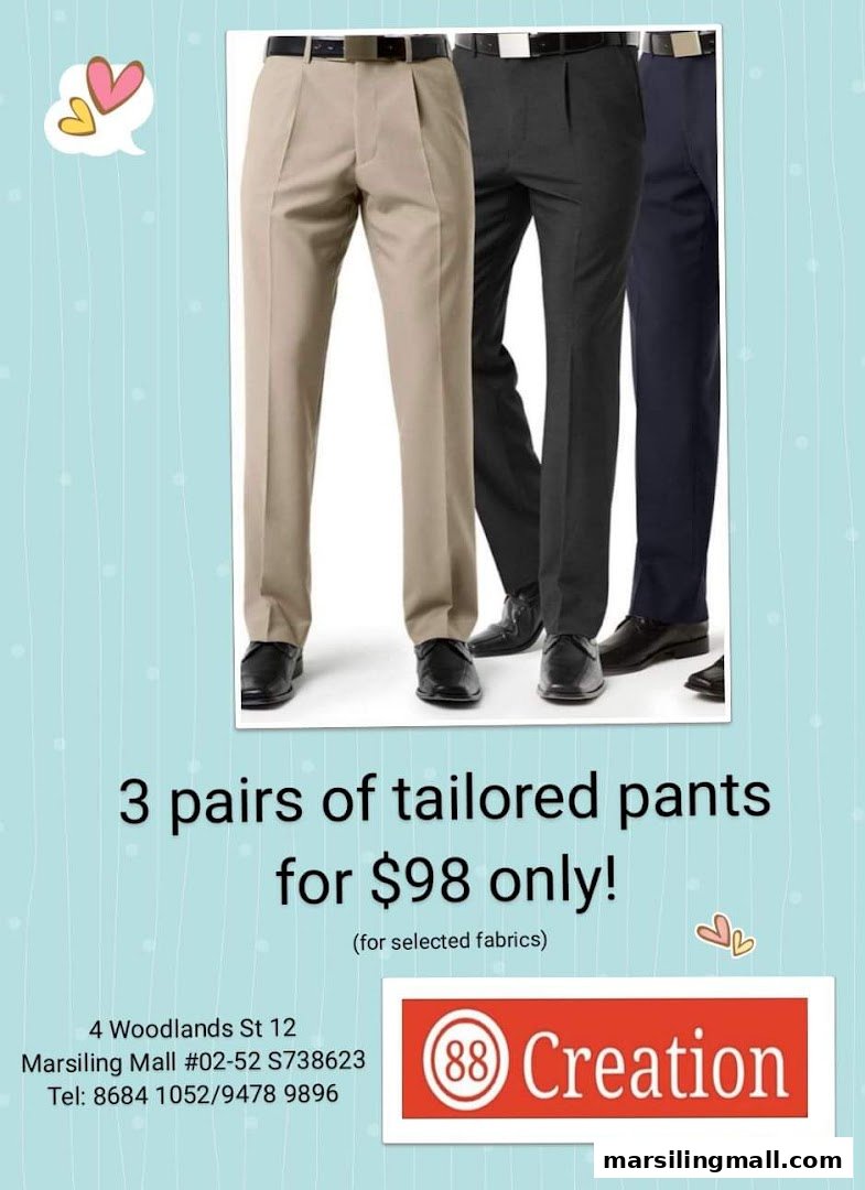 An advertisement showcasing three pairs of tailored pants available for $98 only.