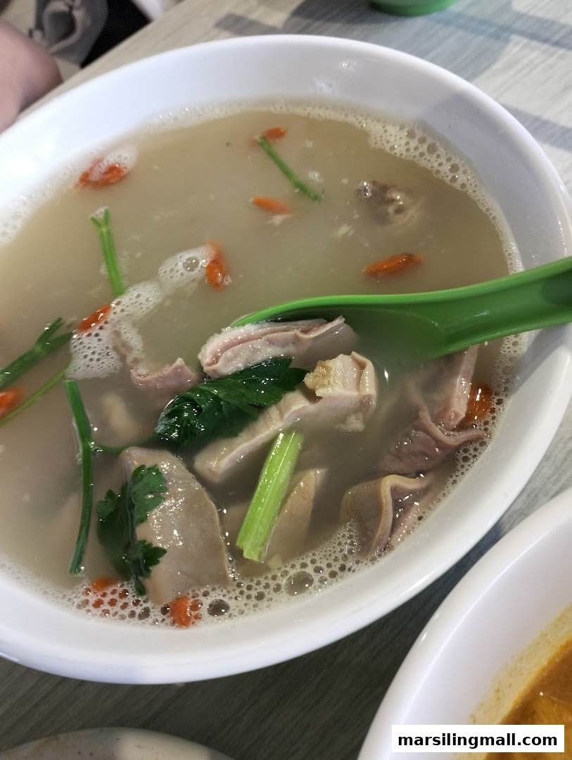 A close-up of a hearty bowl of soup with meat, herbs, and goji berries.