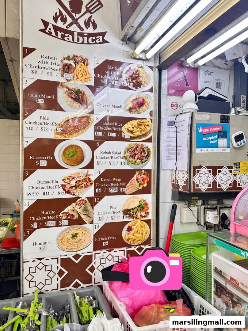 A vibrant menu board for Arabica Kebab, showcasing a variety of Middle Eastern dishes with prices and images.