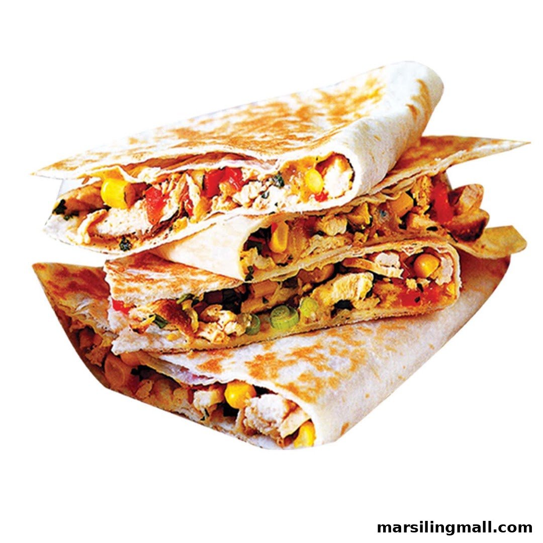A stack of delicious quesadillas or wraps filled with chicken, corn, and peppers.