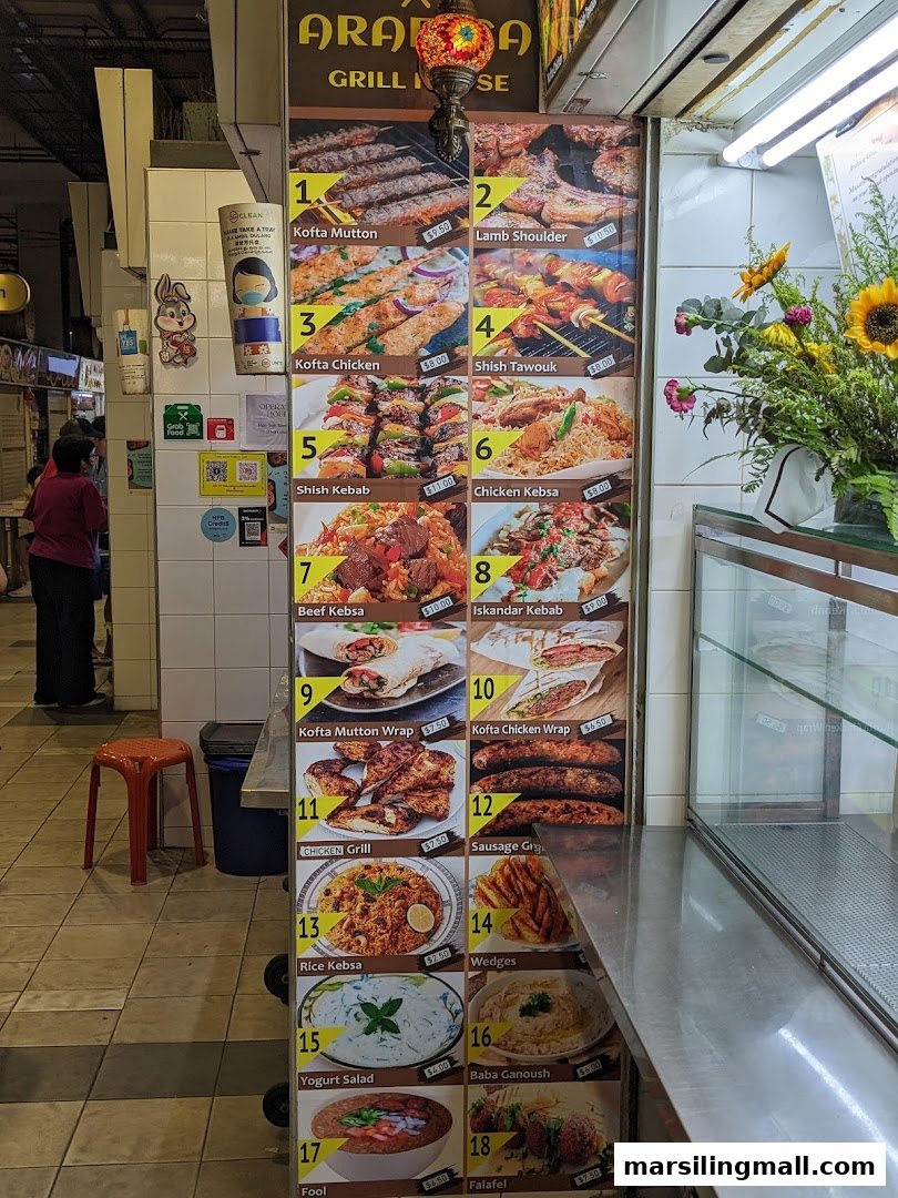 A large menu board displaying various Middle Eastern grill items, kebabs, wraps, and sides with prices.