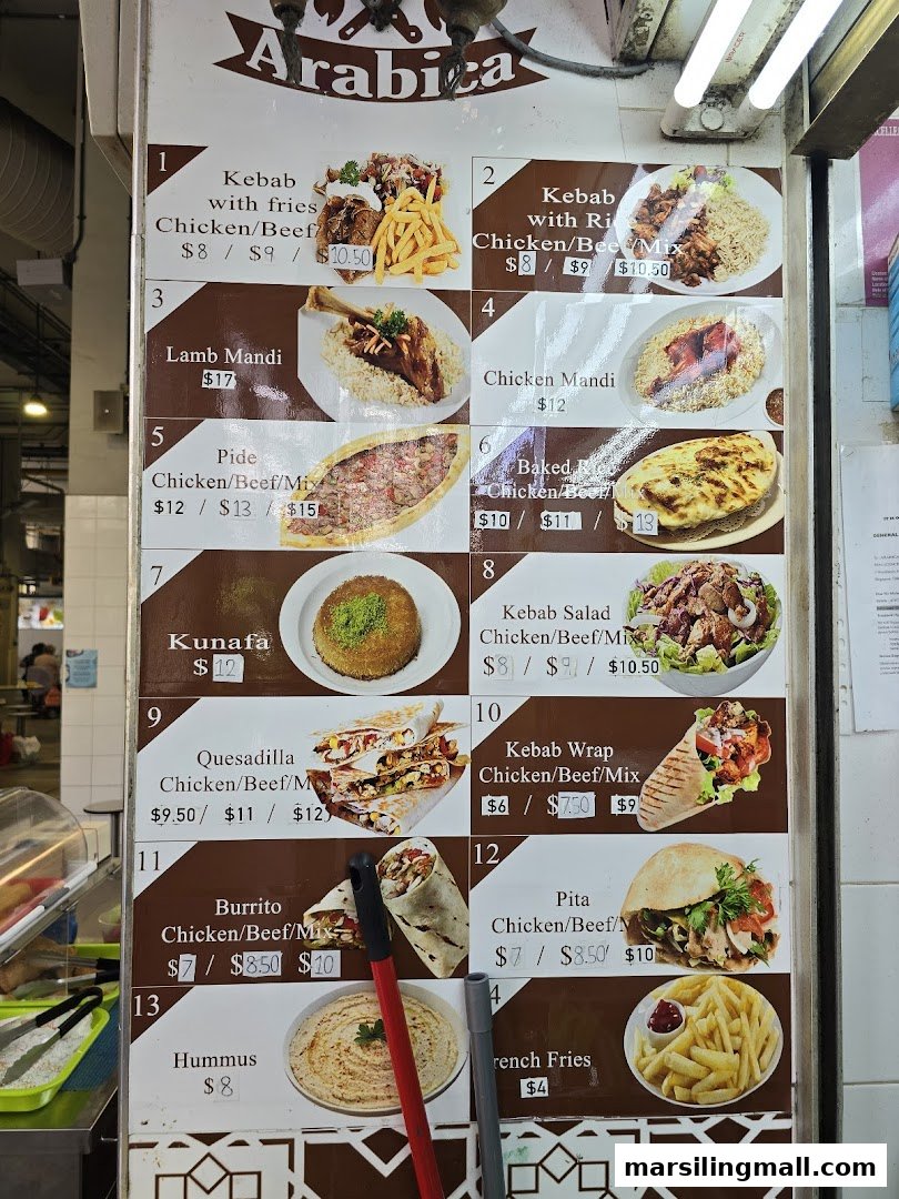 A detailed menu board for Arabica Kebab, showcasing various Middle Eastern dishes with prices and images.