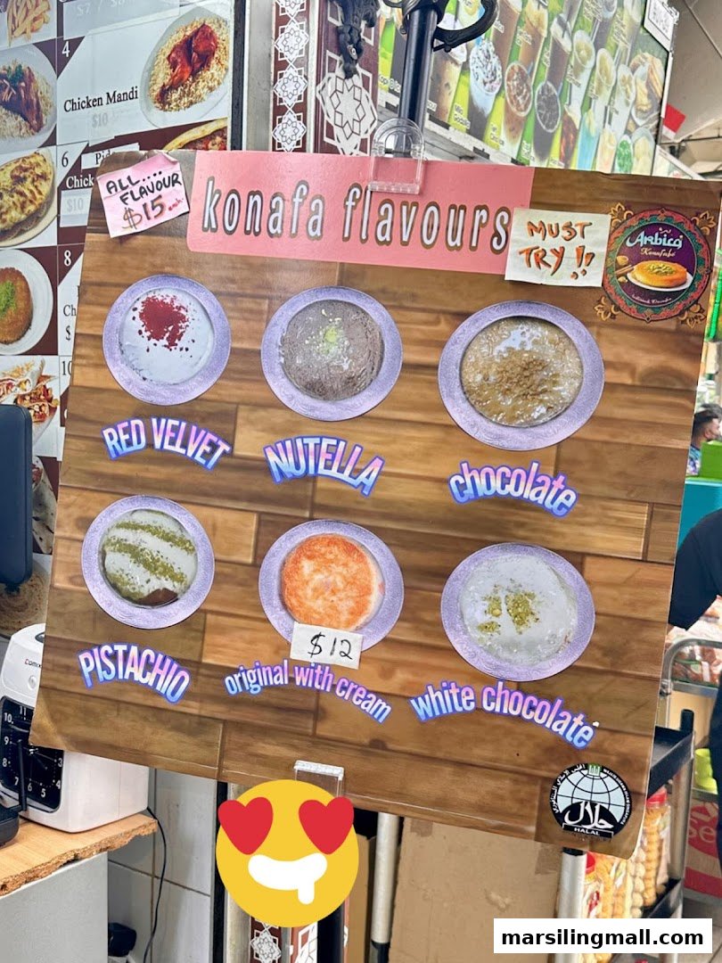 A vibrant display board showcasing various konafa dessert flavors and prices at Arabica Kebab.
