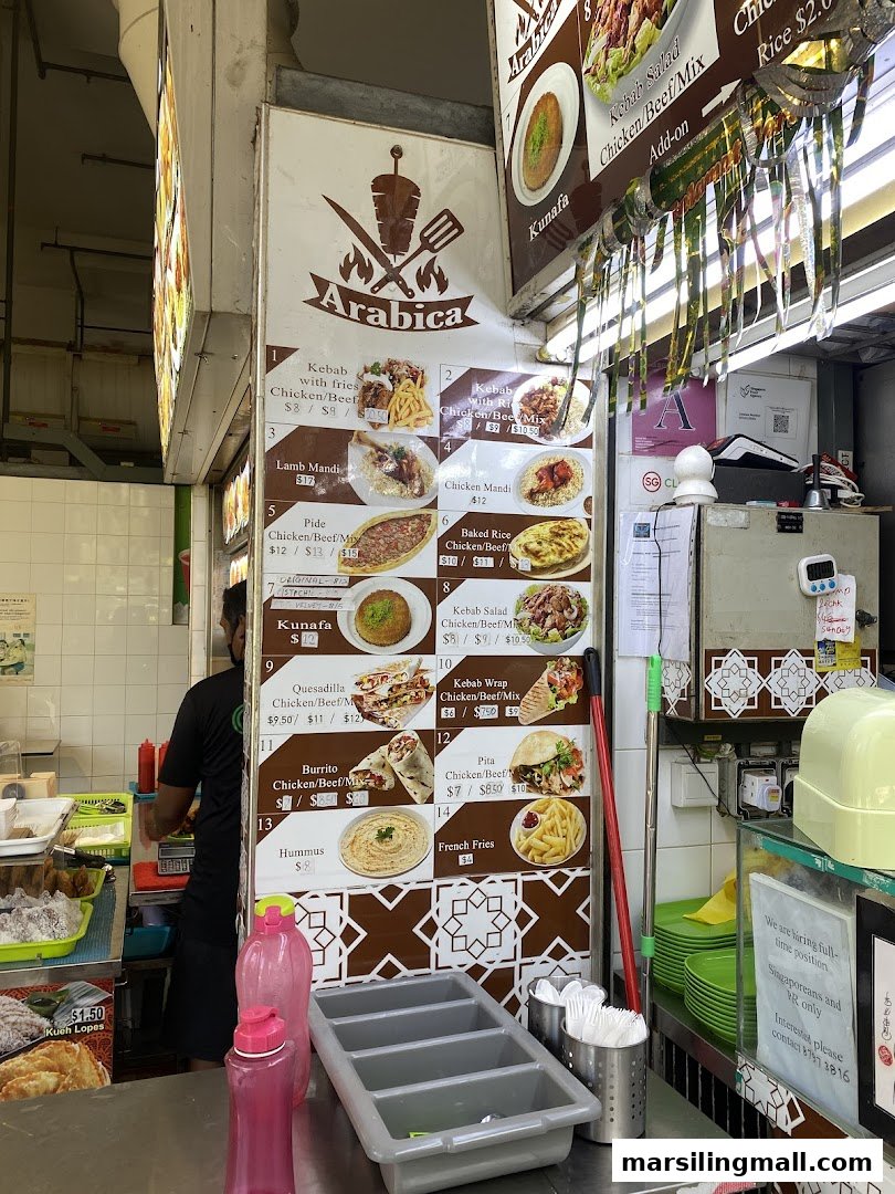 A detailed menu board for Arabica Kebab, showcasing various Middle Eastern dishes with prices and images.