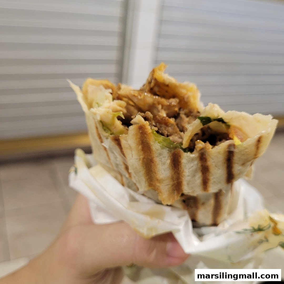 A hand holds a delicious, grilled kebab wrap, showcasing its savory fillings.