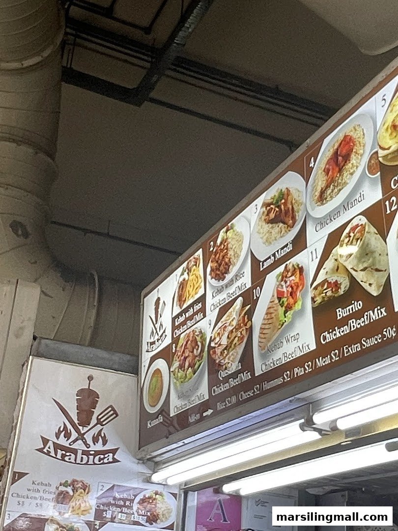 A vibrant menu board showcasing a variety of Middle Eastern and Mediterranean dishes at Arabica Kebab.