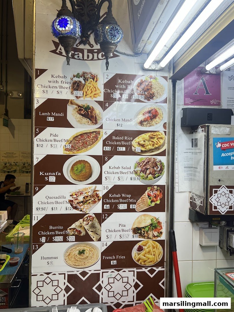 A detailed menu board displaying various Middle Eastern dishes with prices and options.