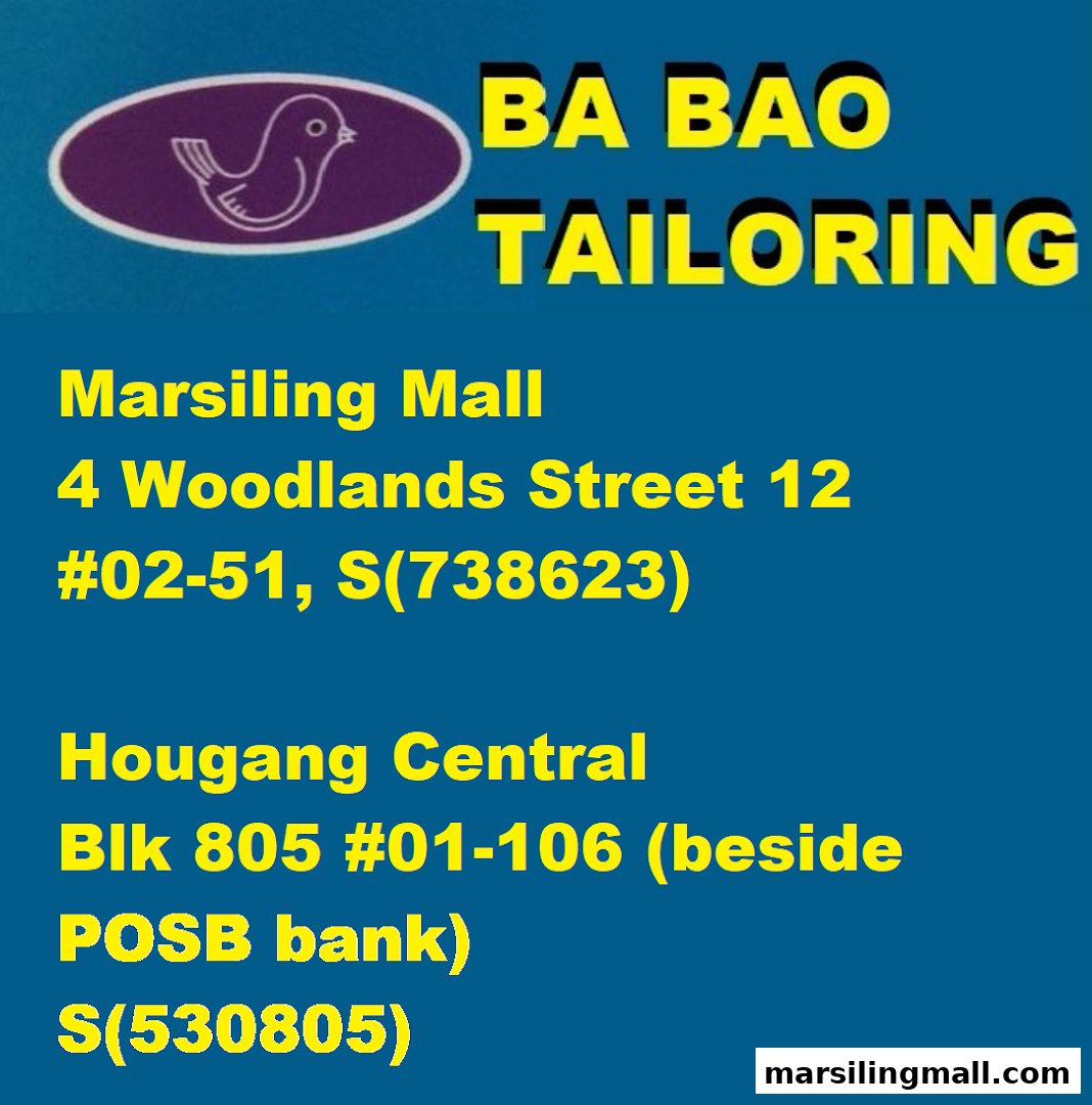 An informational sign displaying Ba Bao Tailoring's name, logo, and two shop locations.