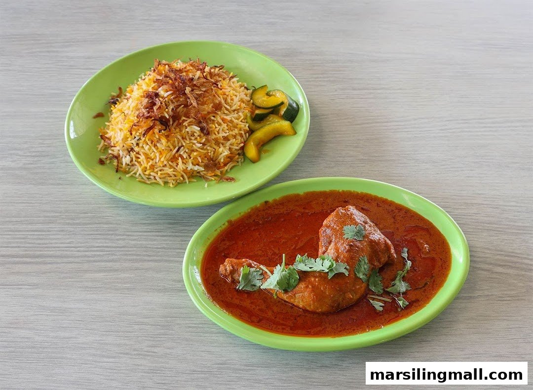Delicious biryani rice with fried onions and a rich chicken curry on green plates.