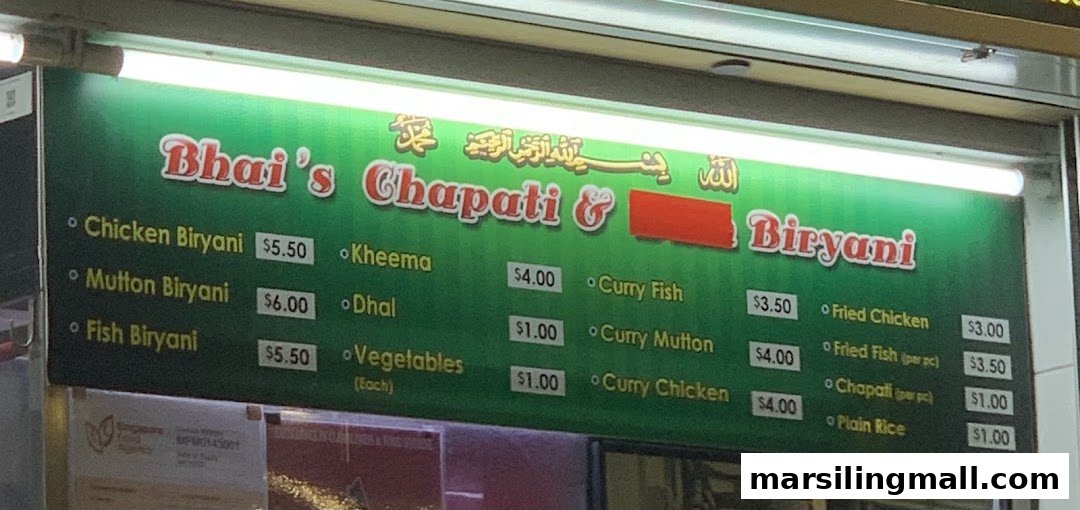 A vibrant green menu board displaying prices for various Indian dishes.