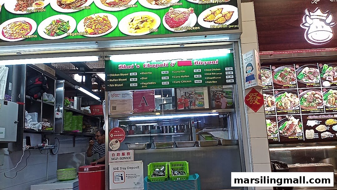Front view of Bhai's Chapati & Biryani food stall with a clear menu board.