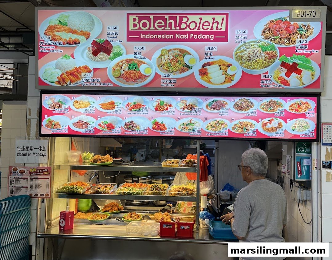 A vibrant menu board showcasing Indonesian Nasi Padang dishes with prices and a chef preparing food.