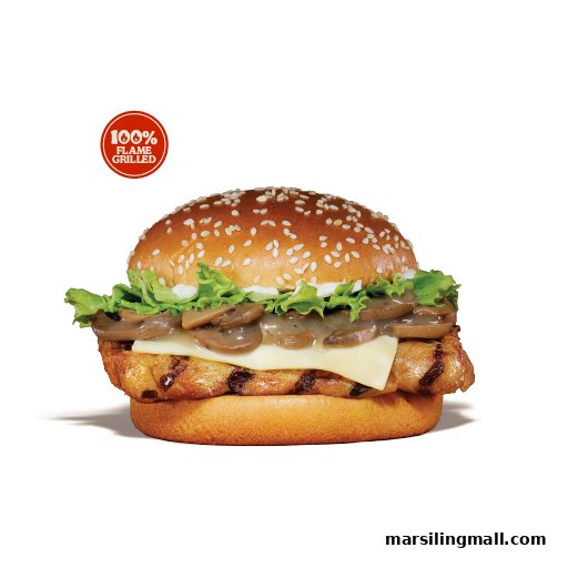 A delicious flame-grilled chicken burger with mushrooms, cheese, and lettuce on a sesame bun.