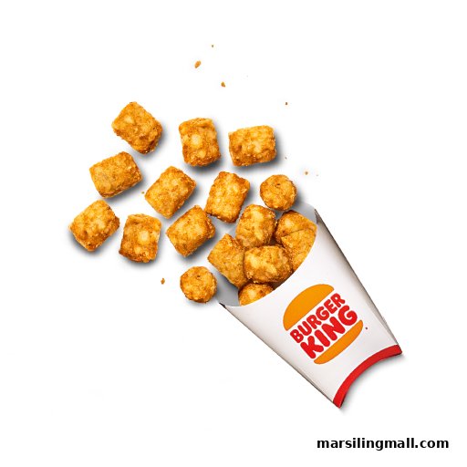 Golden brown tater tots spilling from a Burger King branded cup against a black background.