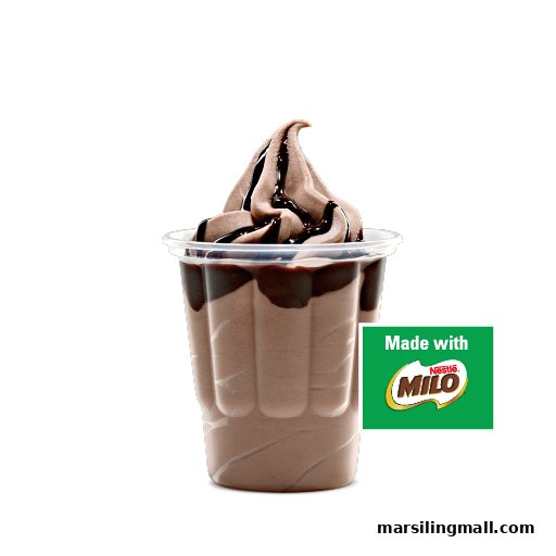 A chocolate soft-serve dessert with chocolate syrup, labeled 'Made with Milo'.