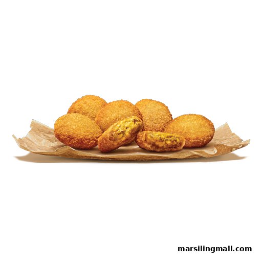 A serving of golden-brown fried bites, some cut open to reveal a cheesy, savory filling.