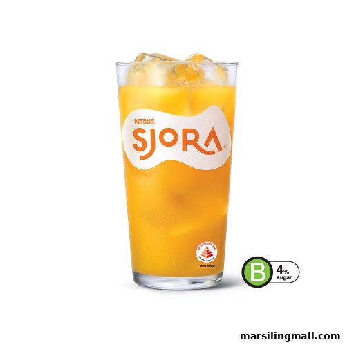 A refreshing glass of Nestlé SJORA orange drink with ice, featuring a low sugar content.