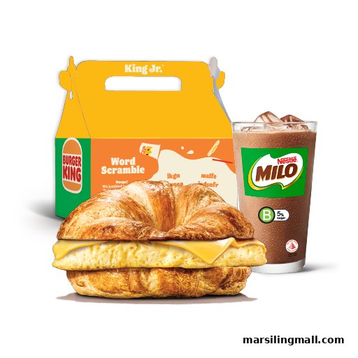 A Burger King King Jr. meal featuring a croissant sandwich, a Milo drink, and a word scramble box.