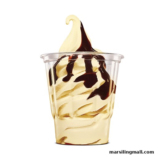 A clear plastic cup filled with vanilla soft-serve ice cream topped with chocolate syrup.