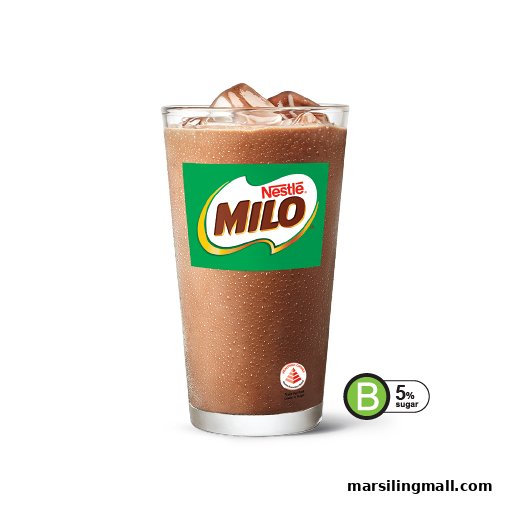 A refreshing iced Milo drink in a glass with the Nestle Milo logo and a 5% sugar label.