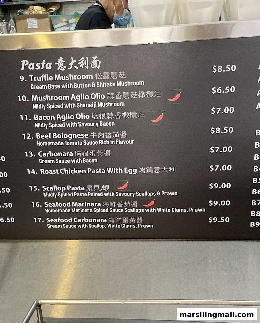 A menu board displaying various pasta dishes with prices and descriptions.