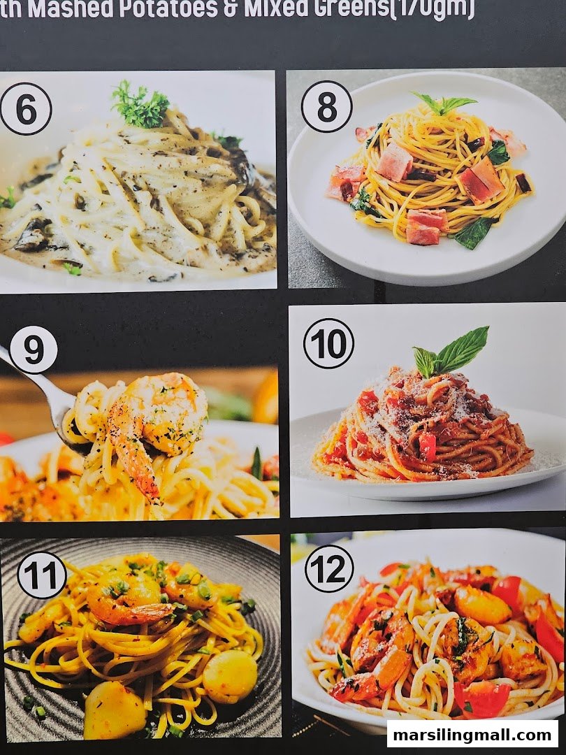A vibrant menu page showcasing various pasta dishes with accompanying numbers for selection.