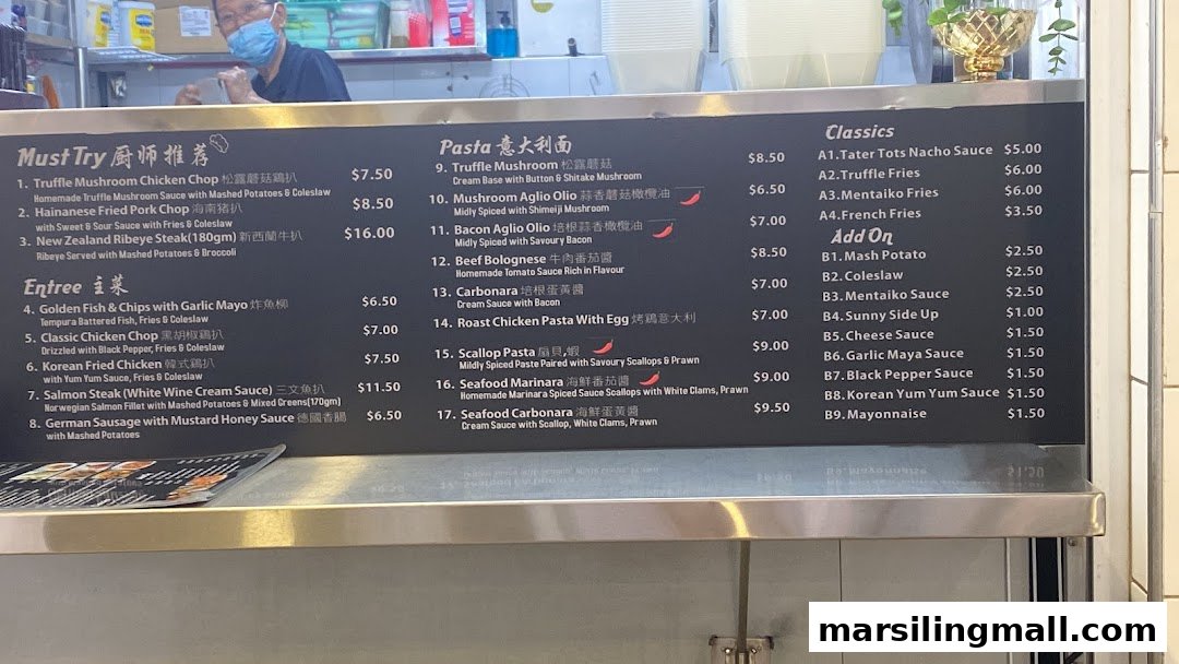 A detailed menu board displaying a variety of Asian fusion and Western dishes with prices.