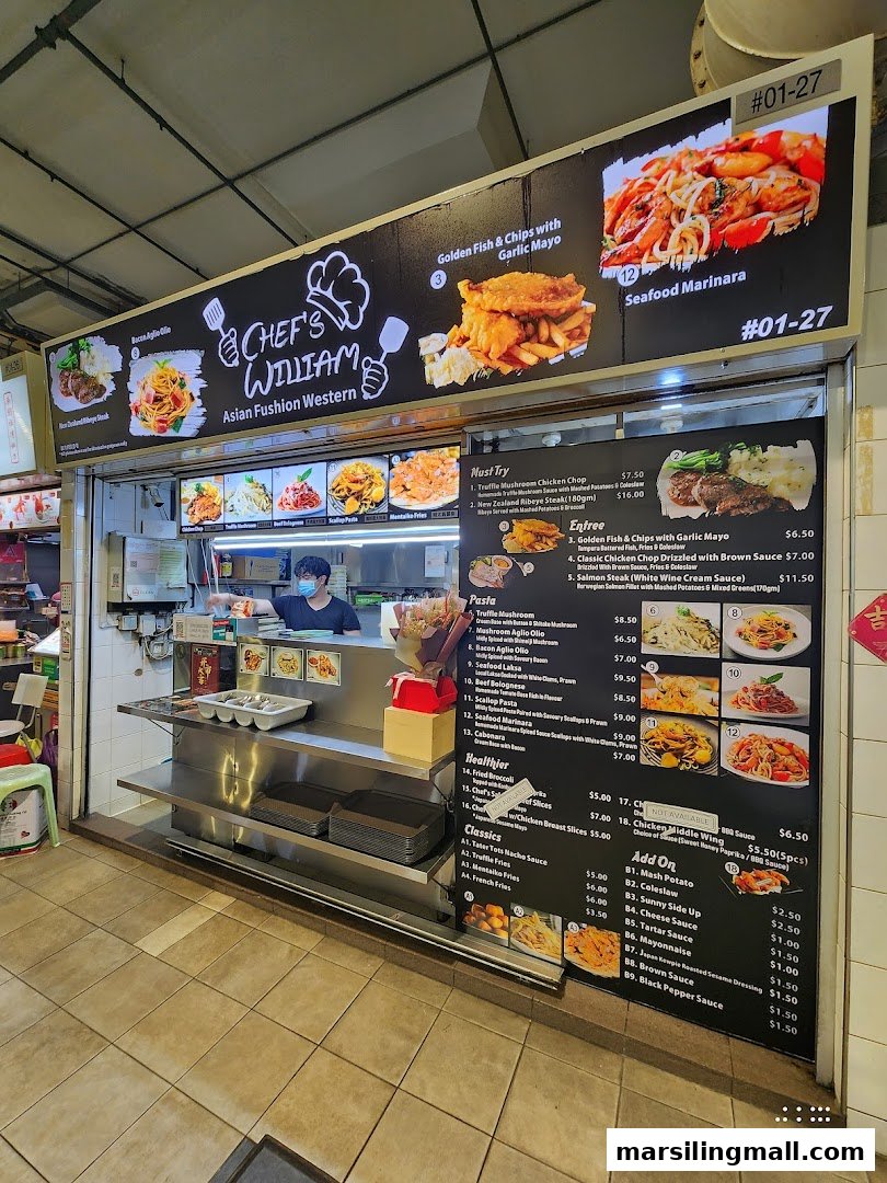 A vibrant hawker stall named Chef William Asian Fusion Western, showcasing its diverse menu and inviting facade.
