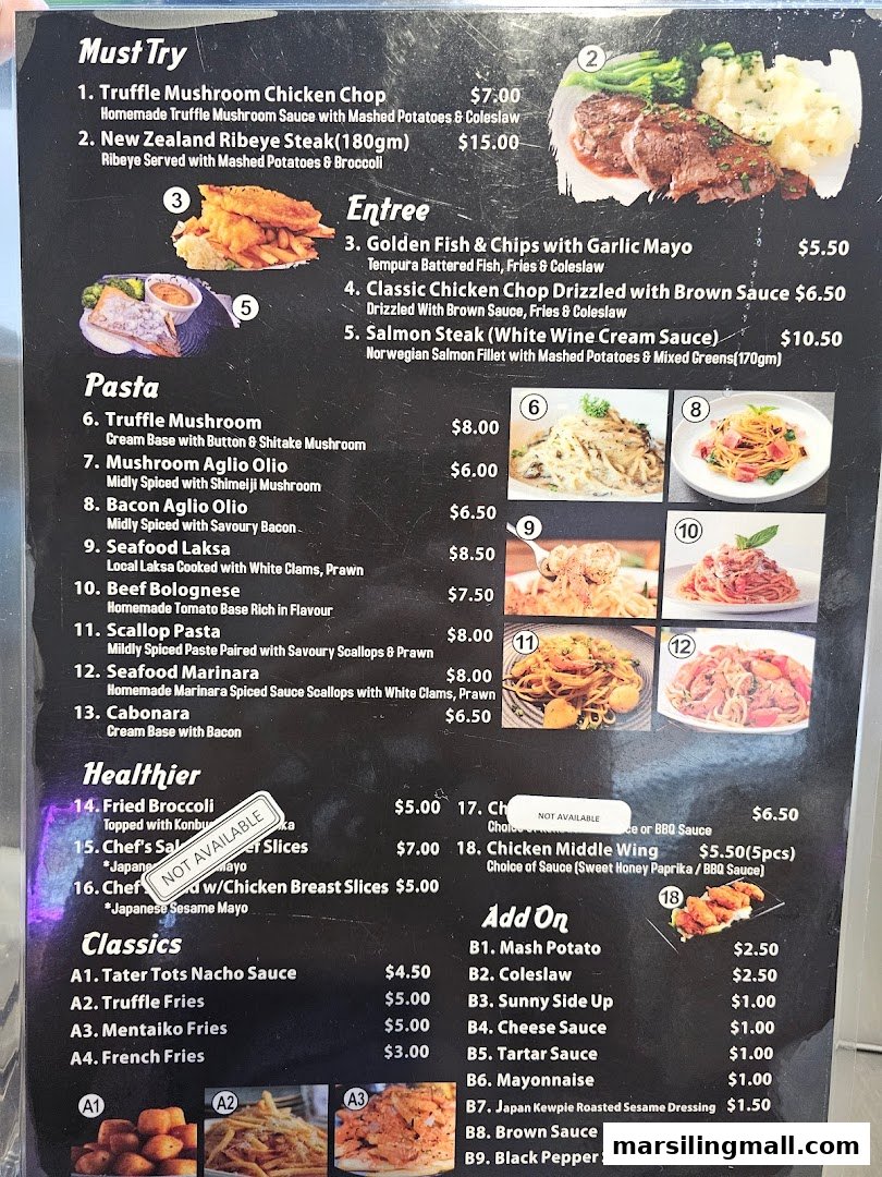 A detailed menu displaying a variety of Asian fusion and Western dishes with prices and descriptions.