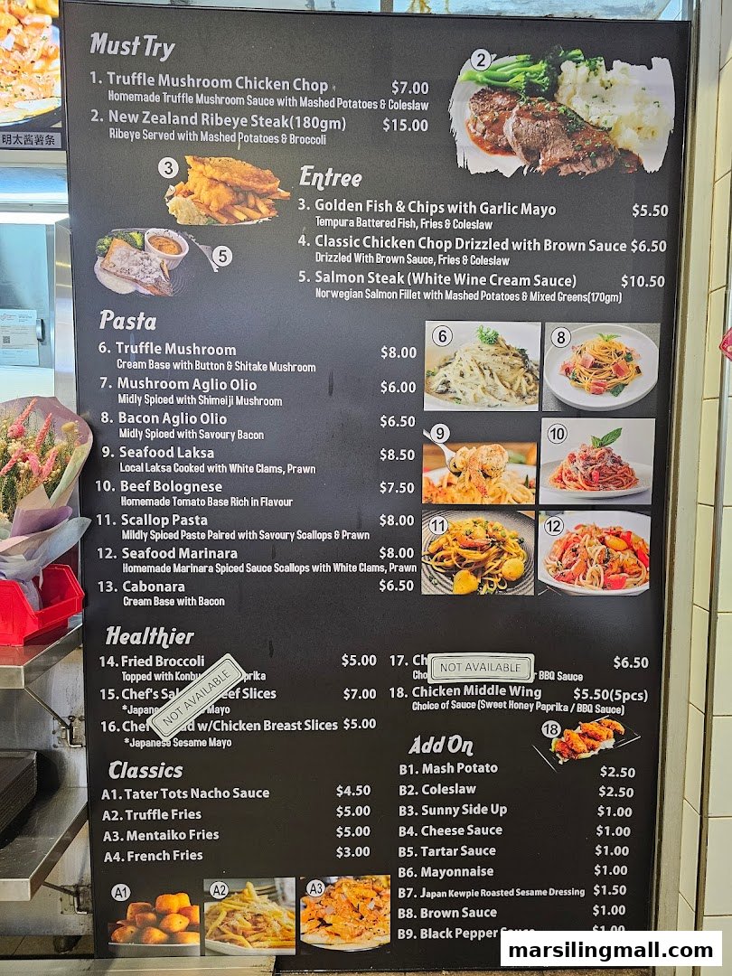A detailed menu board displaying a variety of Asian fusion and Western dishes with prices.
