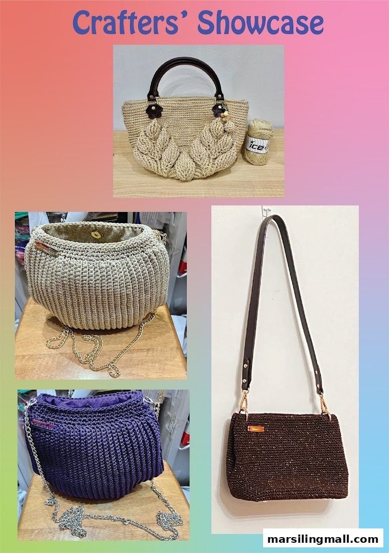 A collage showcasing various handcrafted bags, including a beige tote, a round bucket bag, and a purple and brown shoulder bag.