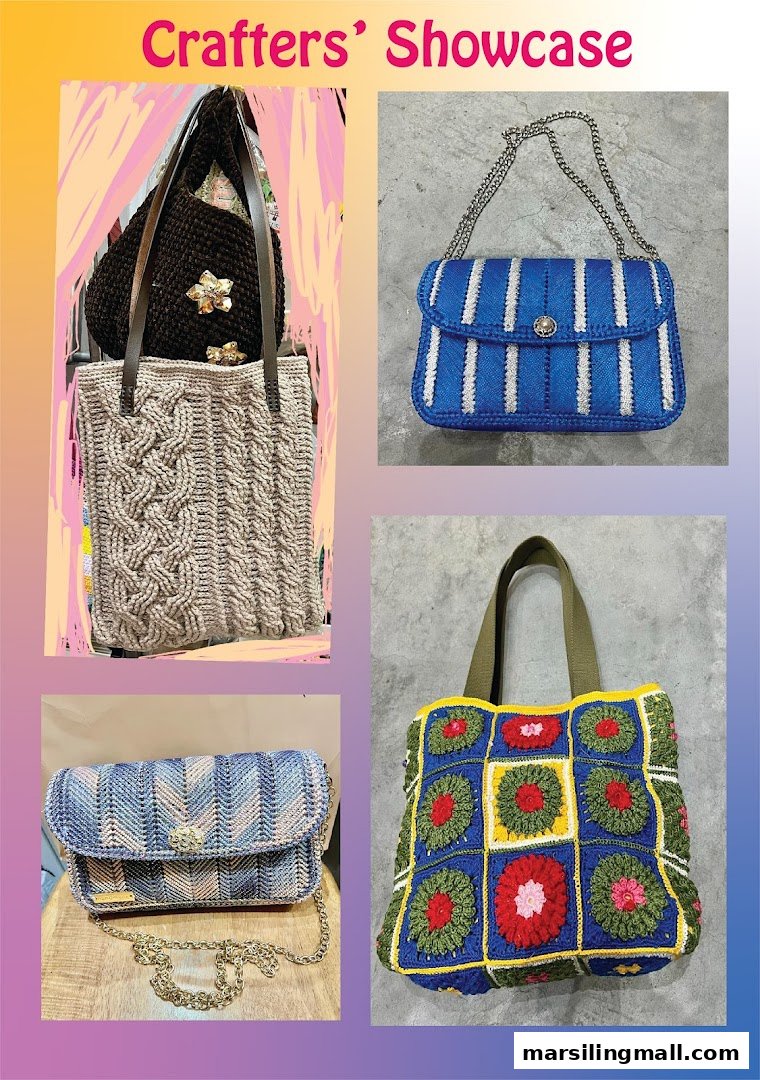 A collage showcasing various handcrafted bags, including knitted and crocheted designs, from Crafting House.