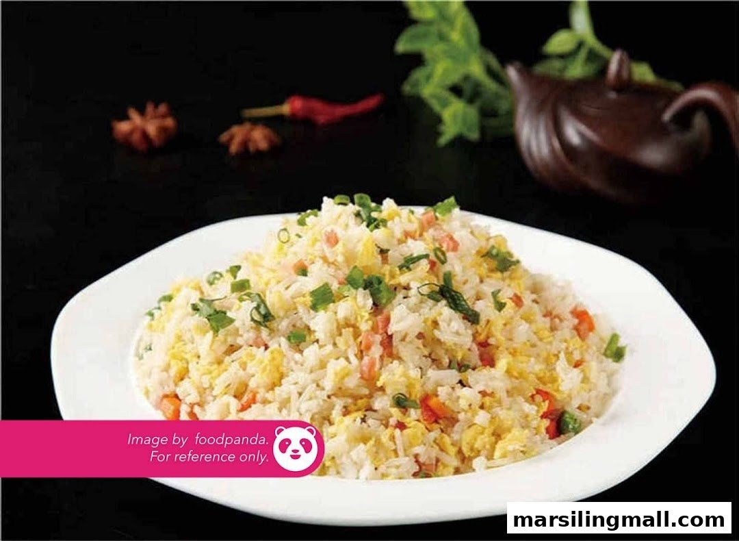 A close-up of a plate of vegetarian fried rice with egg, vegetables, and spring onions.