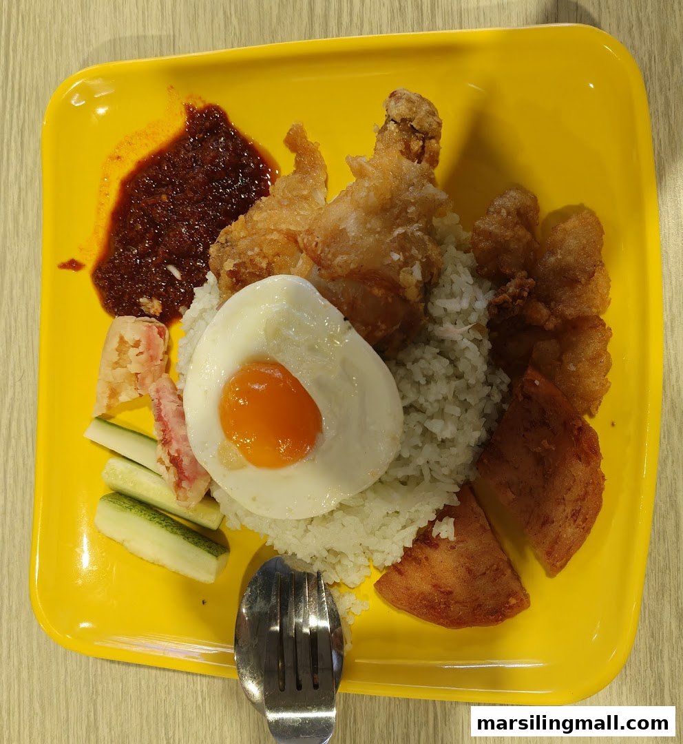 A vibrant plate of Nasi Lemak featuring coconut rice, fried chicken, egg, sambal, and various toppings.