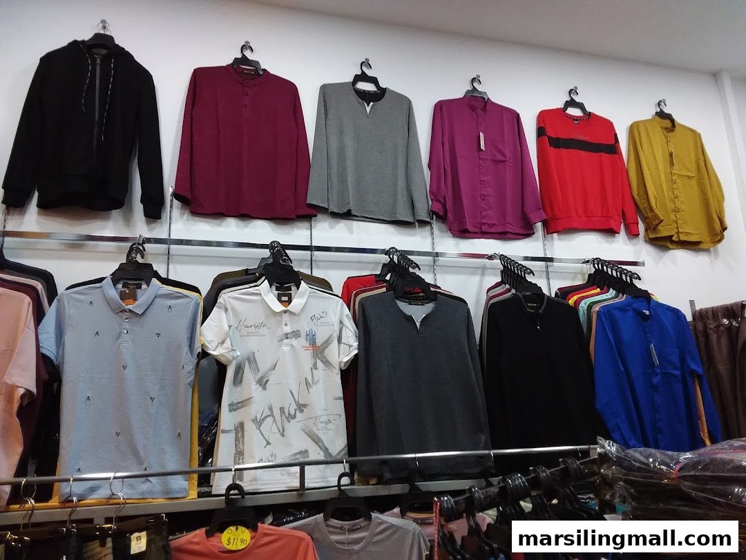 Various men's casual wear, including hoodies, long-sleeve shirts, and polo shirts, displayed in a retail store.