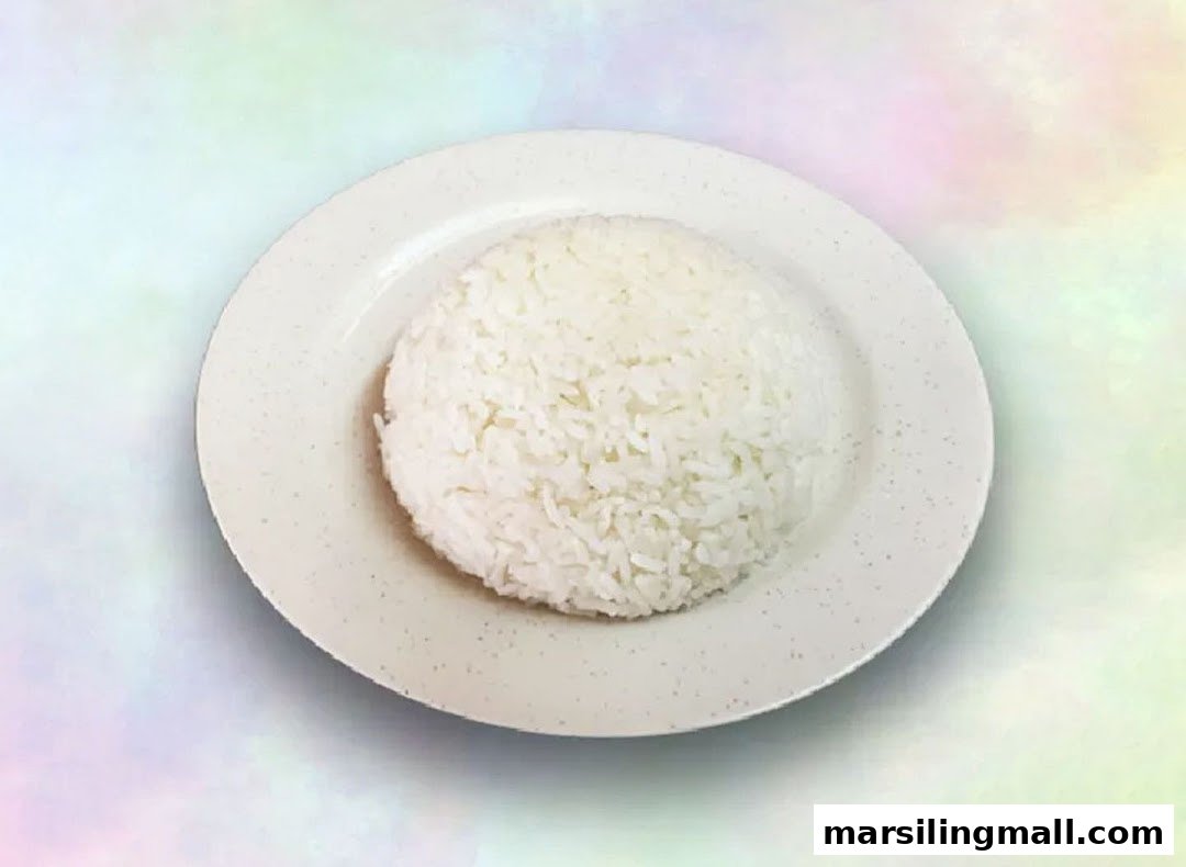 A plate of perfectly cooked white rice, ready to complement any meal.
