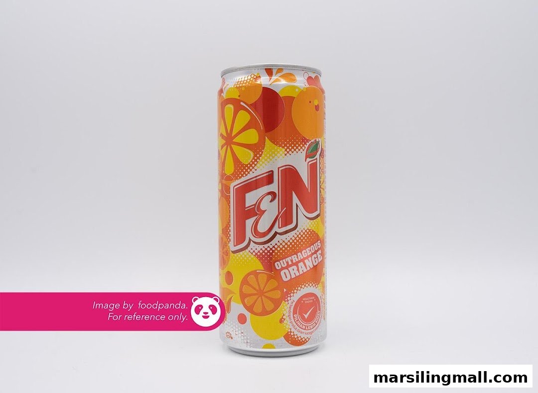 A vibrant F&N Outrageous Orange carbonated drink can stands against a white background.