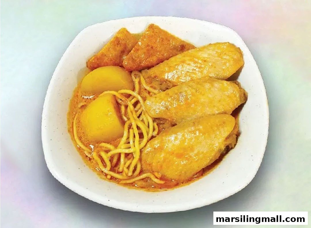 A bowl of Hainanese curry noodles with chicken wings, potatoes, and fried tofu in a rich sauce.