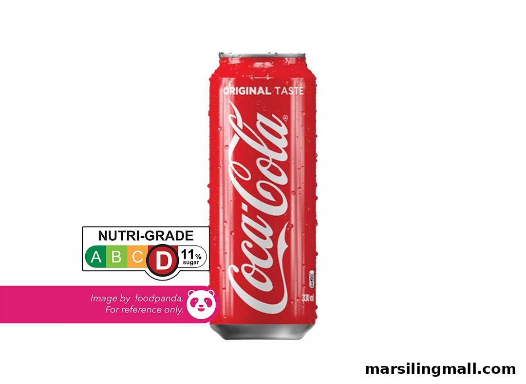 A chilled Coca-Cola can with water droplets and a Nutri-Grade D label.