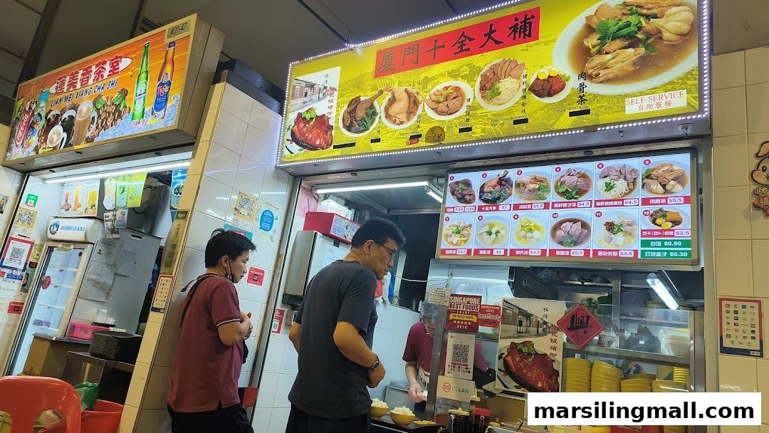 A bustling hawker stall featuring traditional Chinese herbal soups and pig trotters with a prominent menu.