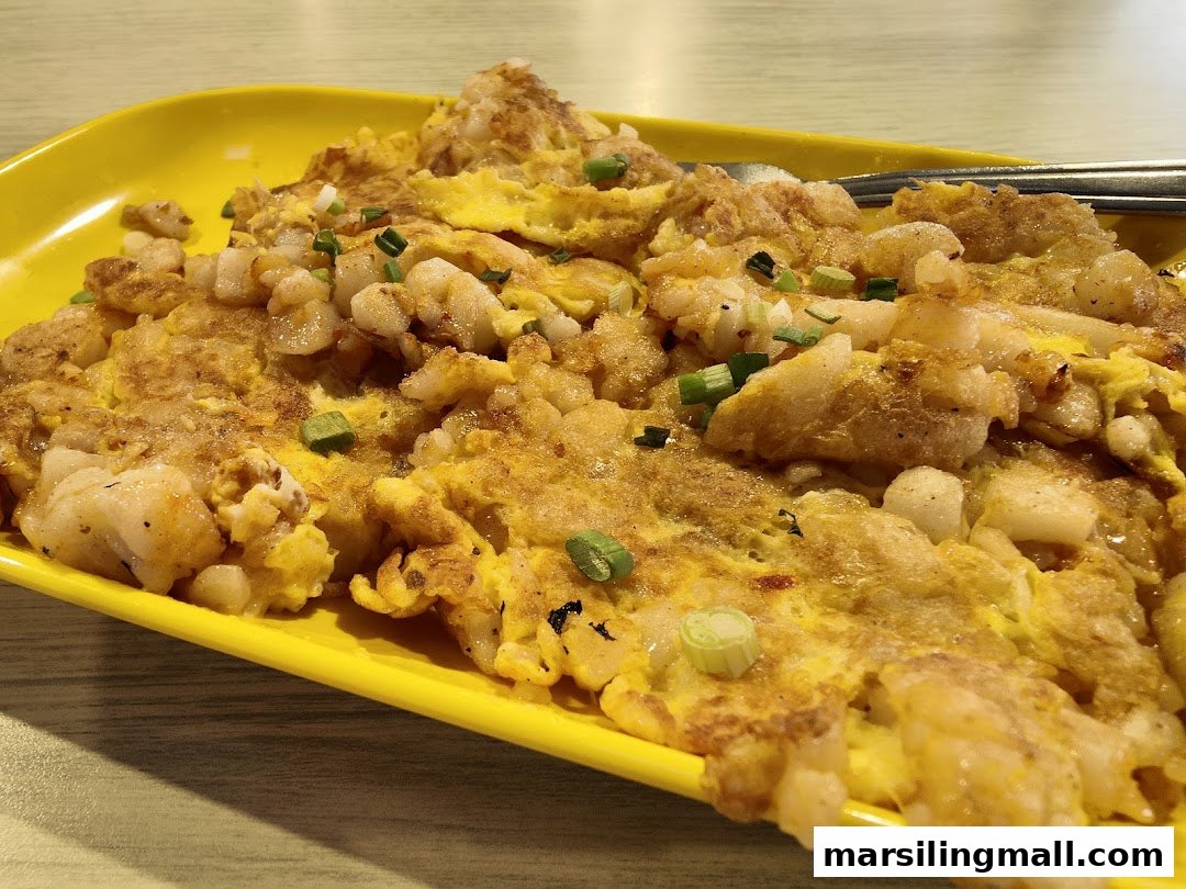 A close-up shot of a plate of golden-brown fried carrot cake garnished with spring onions.