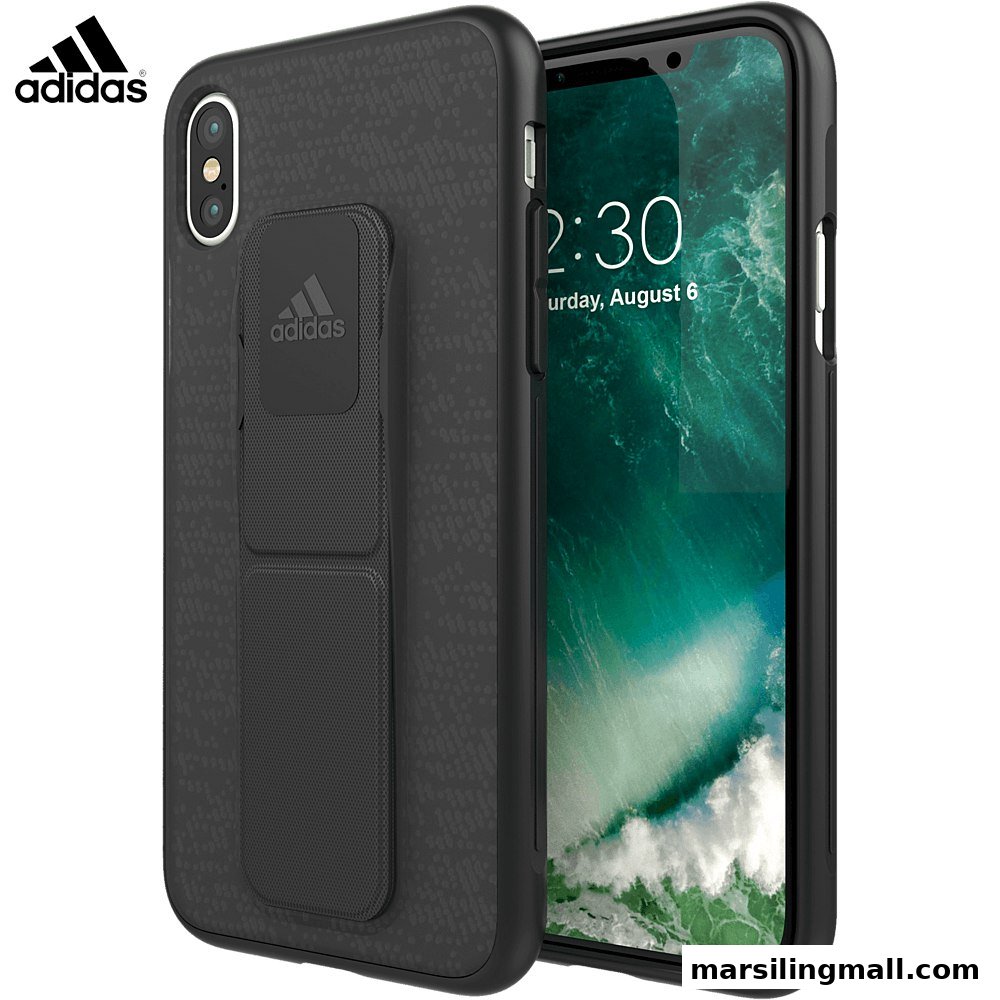 A black Adidas-branded phone case with a built-in stand, protecting an iPhone.