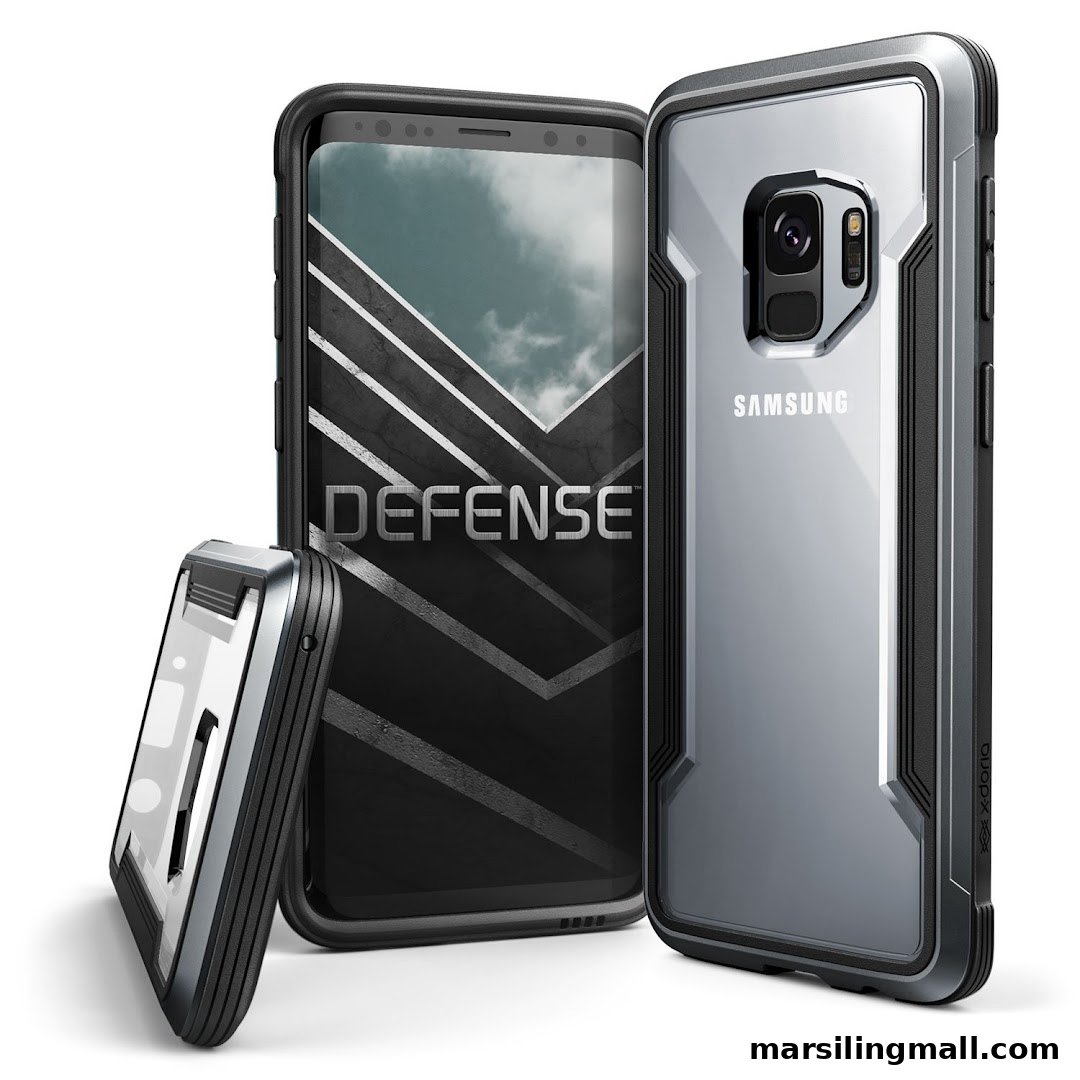 A smartphone with a rugged clear protective case, showcasing the device and case design.