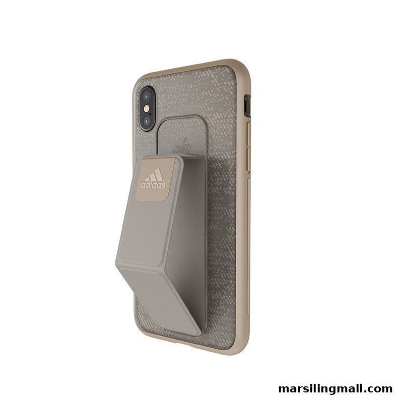 A beige Adidas-branded phone case with an integrated kickstand is displayed against a white background.