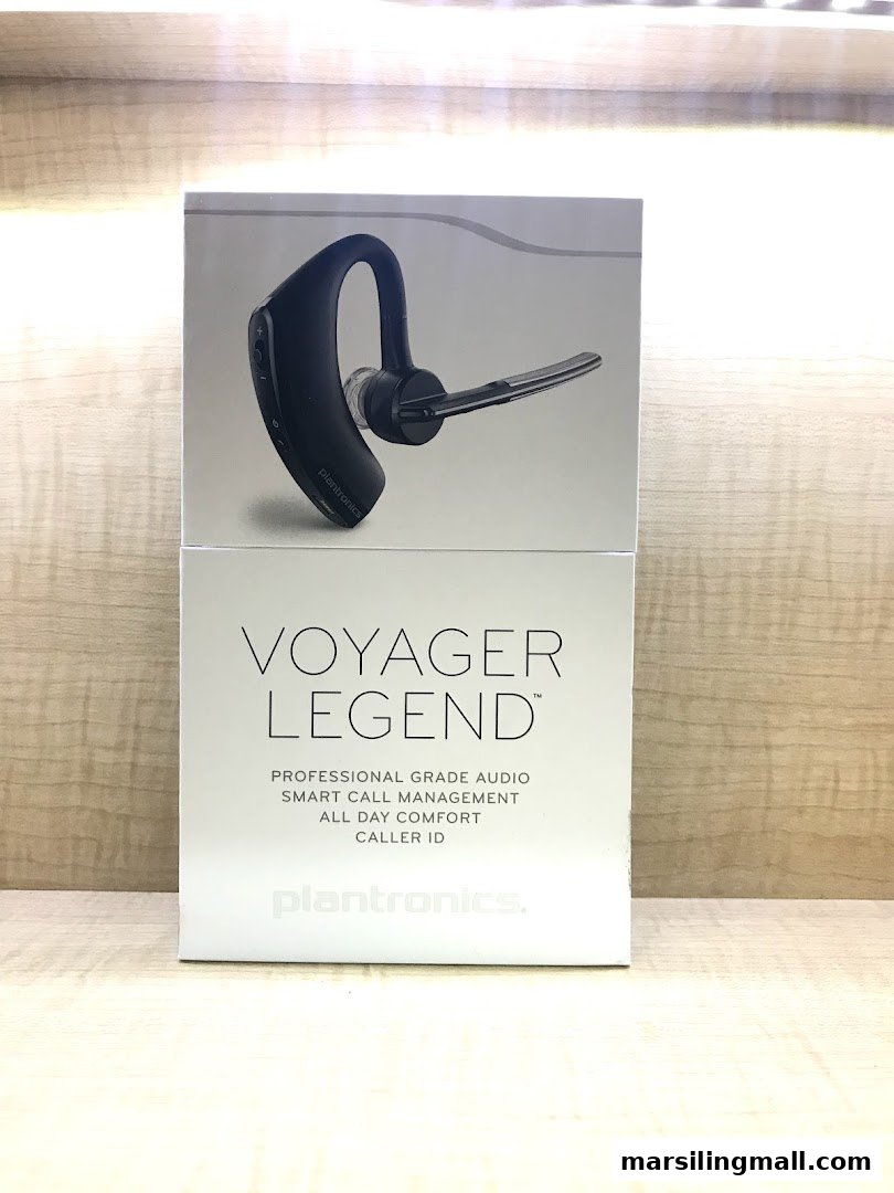 A product box for a Plantronics Voyager Legend Bluetooth headset, featuring its image and key features.