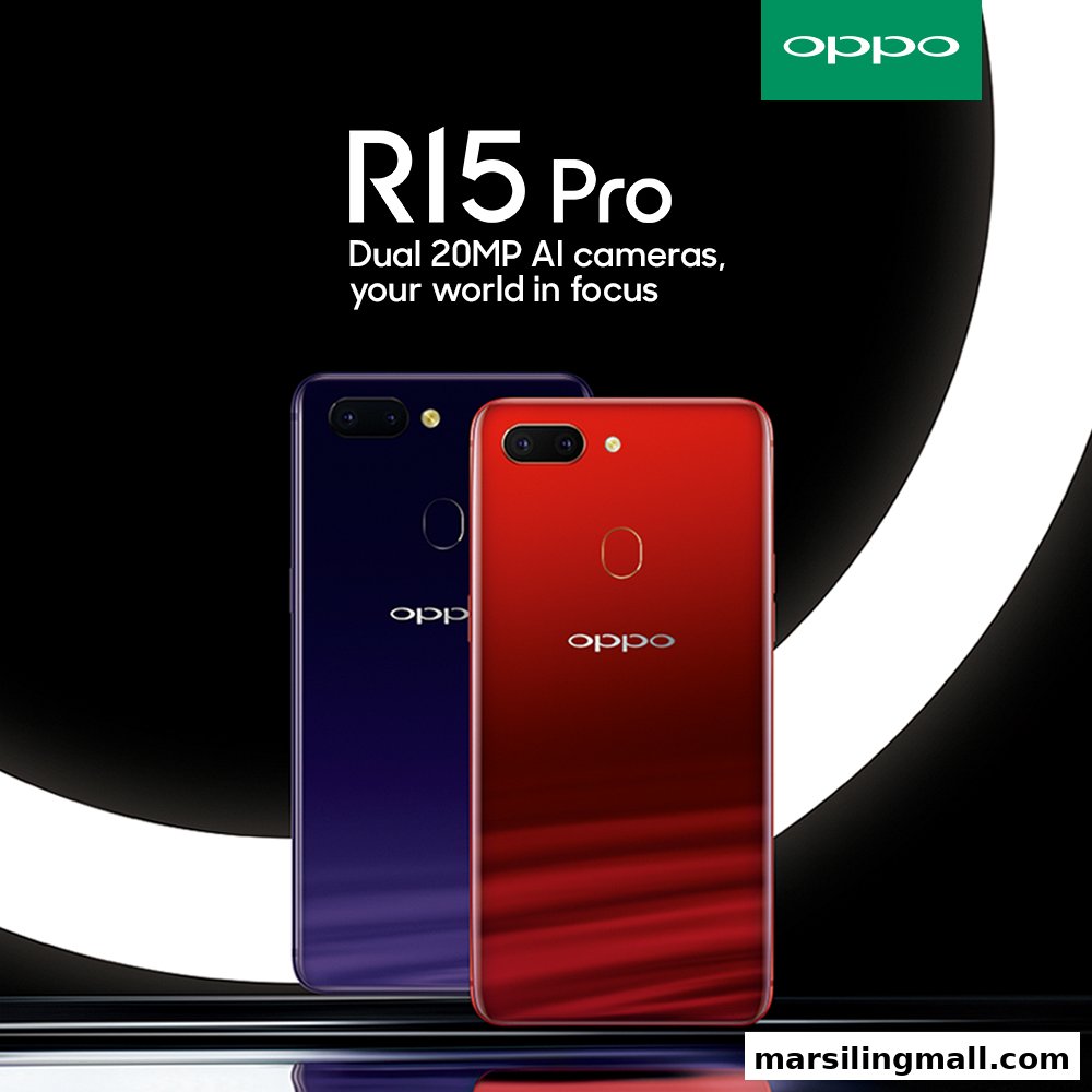 An advertisement featuring two OPPO R15 Pro smartphones, highlighting their dual 20MP AI cameras.