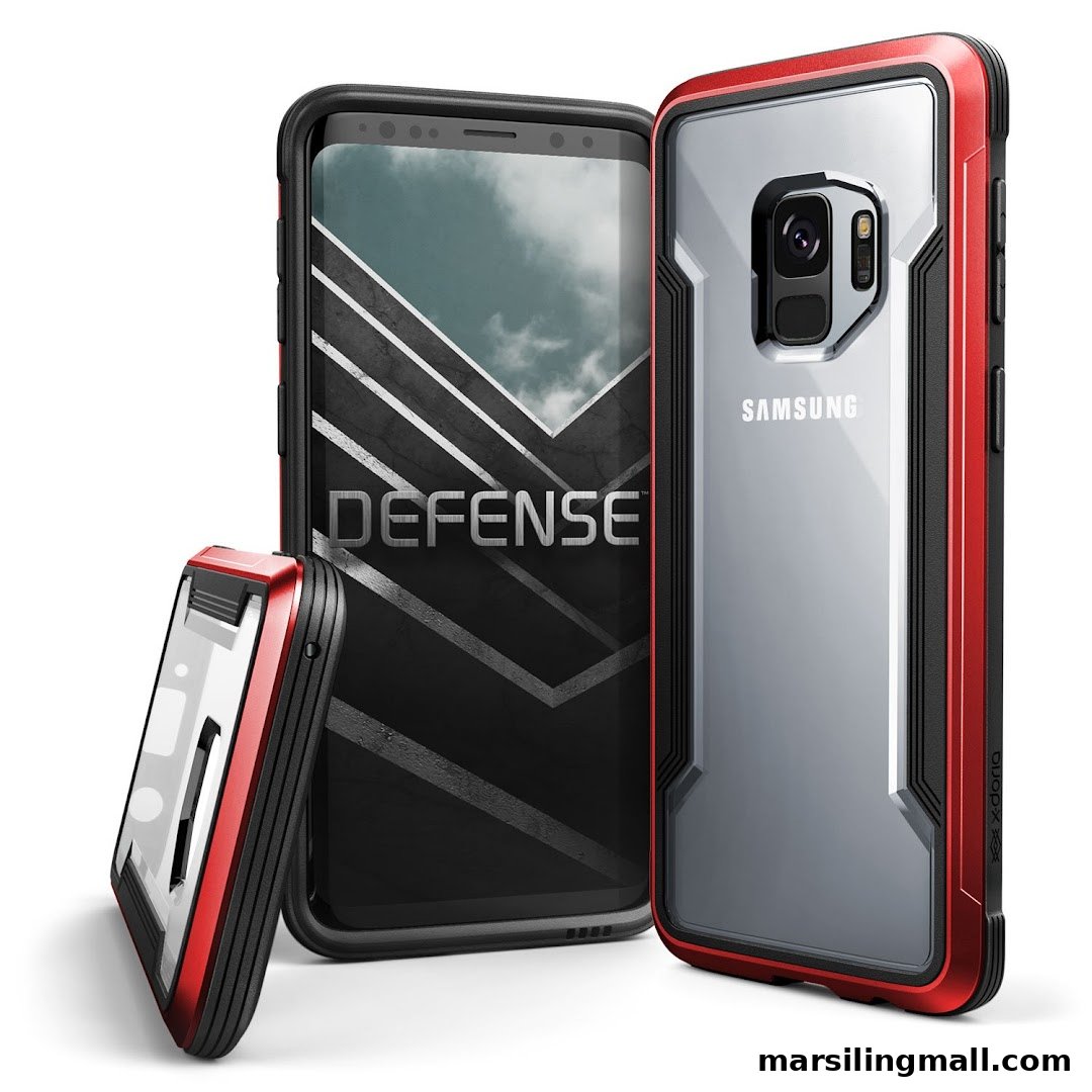 A red and black protective phone case is displayed with a Samsung smartphone.